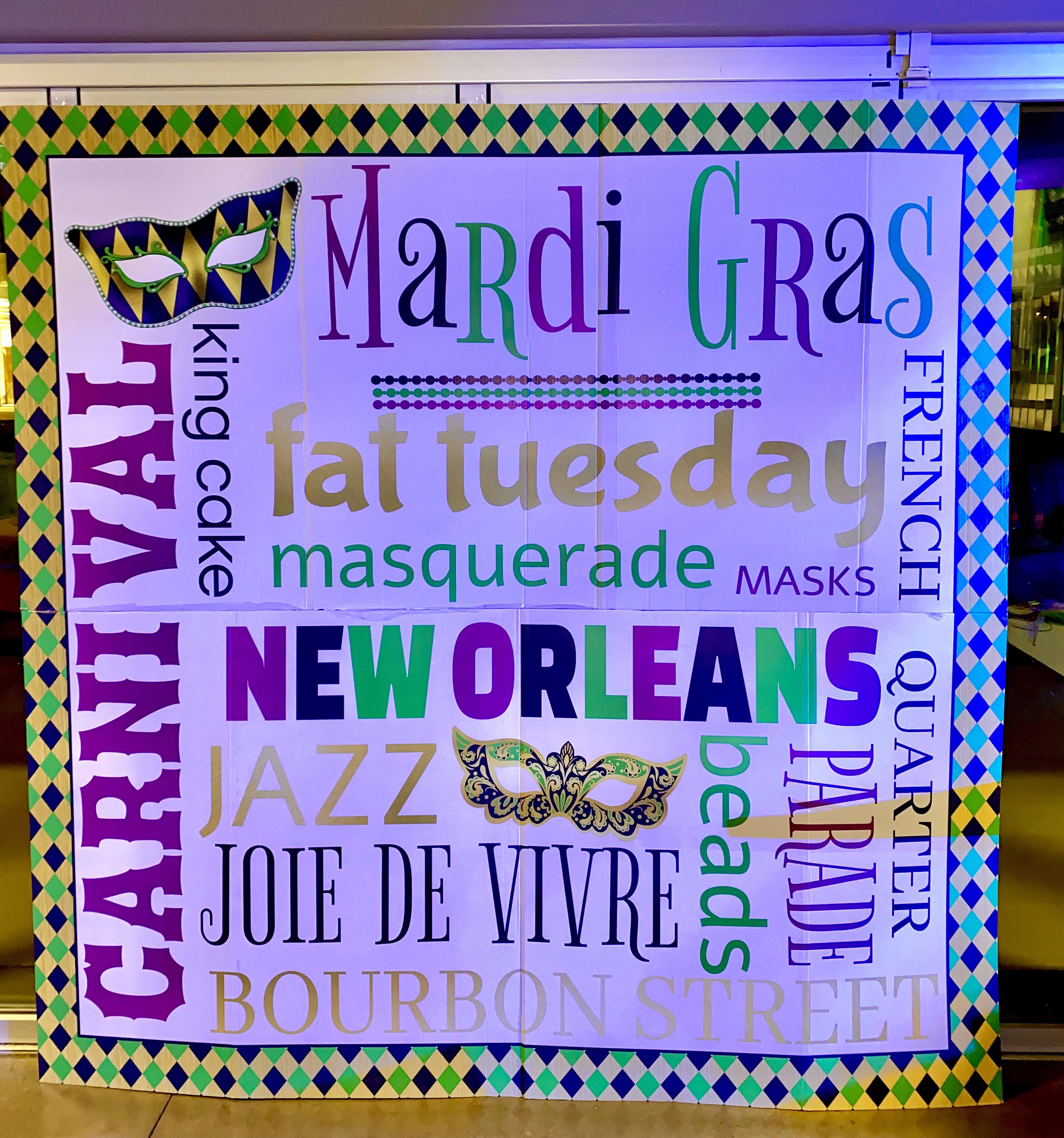 a mardi gras themed banner filled with text phrases like "new orleans," "fat tuesday," & "masquerade"