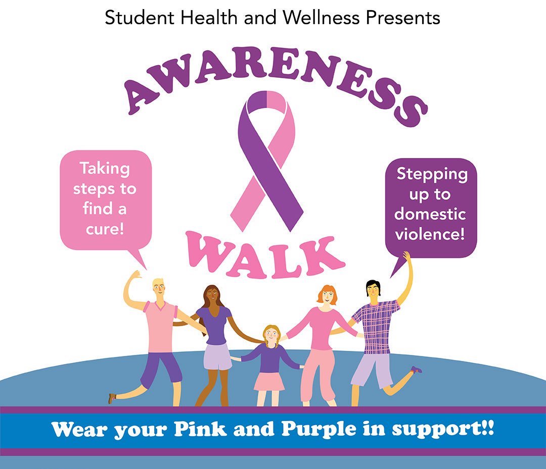 advertisement for a walk with pink and purple coloring. A group of four adults and one child are holding hands