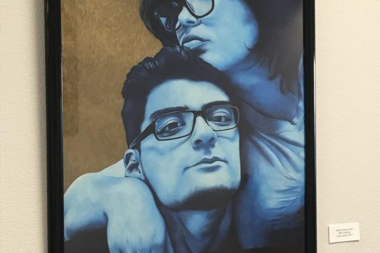 "Blue Emotion" by Alfredo Juarez Painting of two people with glasses--one appearing masculine and one feminine--in blue