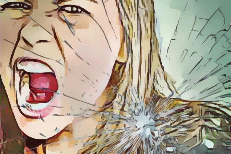 A picture edit of a blonde woman yelling is overlaid with a broken glass 